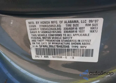 2007 Honda Odyssey Ex-L из США, поврежденный, VIN 5FNRL38627B462046